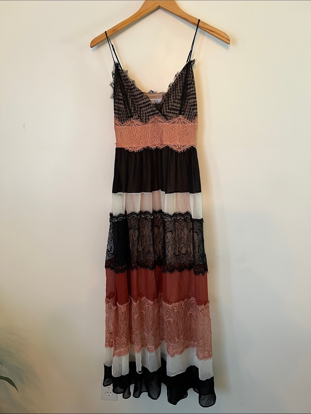 Bailey 44 Black and Dusty Rose Tiered Lace Maxi Dress
